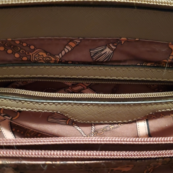 LaTerre handbag dark beige with gold gray and brown leaves. Aprox 12" tall - Picture 5 of 5